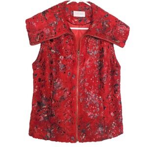 Erin London Red Black Metallic Animal Print Furry Zip Vest Turtle Neck Bold SZ:S